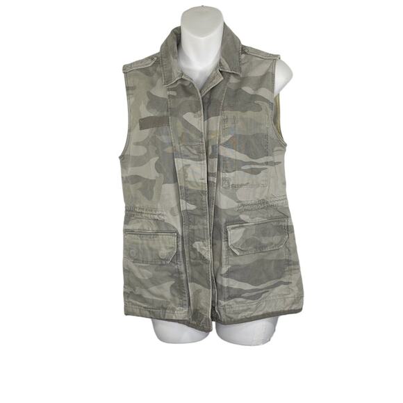 Abercrombie & Fitch Vest Womens Small Green Camouflage Snap Pockets Cinch Waist - Picture 1 of 13